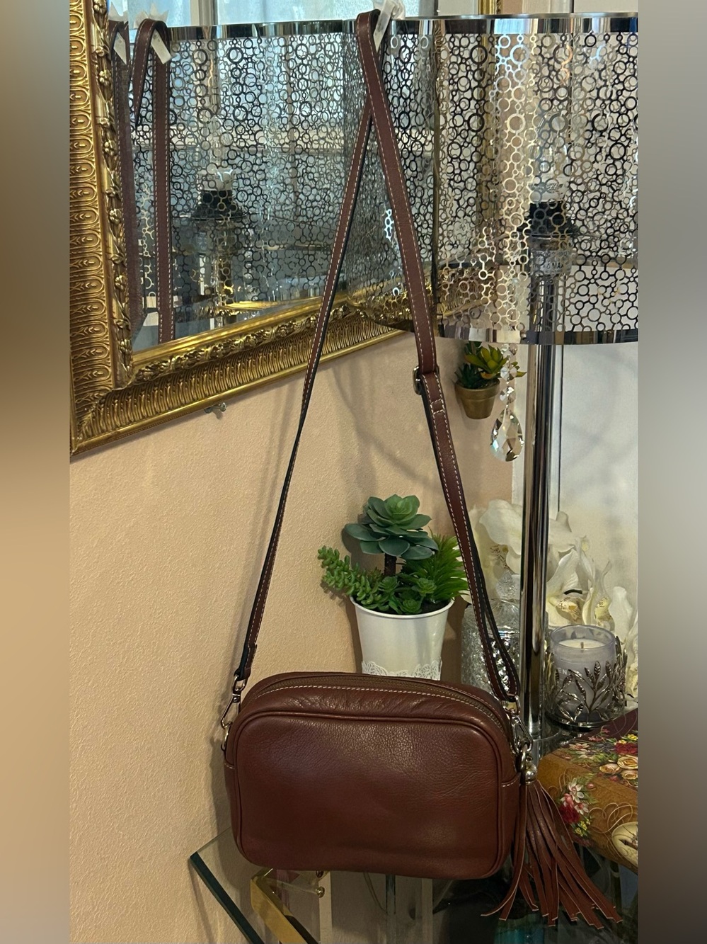 Mario Valentino Cognac Leather Quilted V Crossbody Bag with Fringe Tassel - Picture 2 of 14